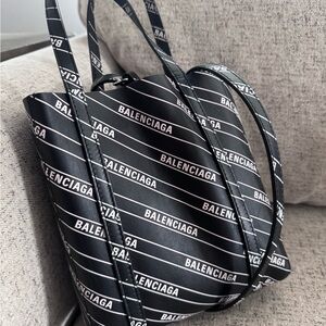 Balenciaga Black and White Logo-Strap Mini Tote